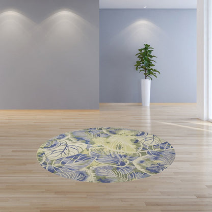 6' Blue Green And Beige Wool Tropical Botanical Hand Tufted Round Rug
