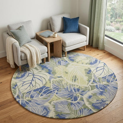 6' Blue Green And Beige Wool Tropical Botanical Hand Tufted Round Rug