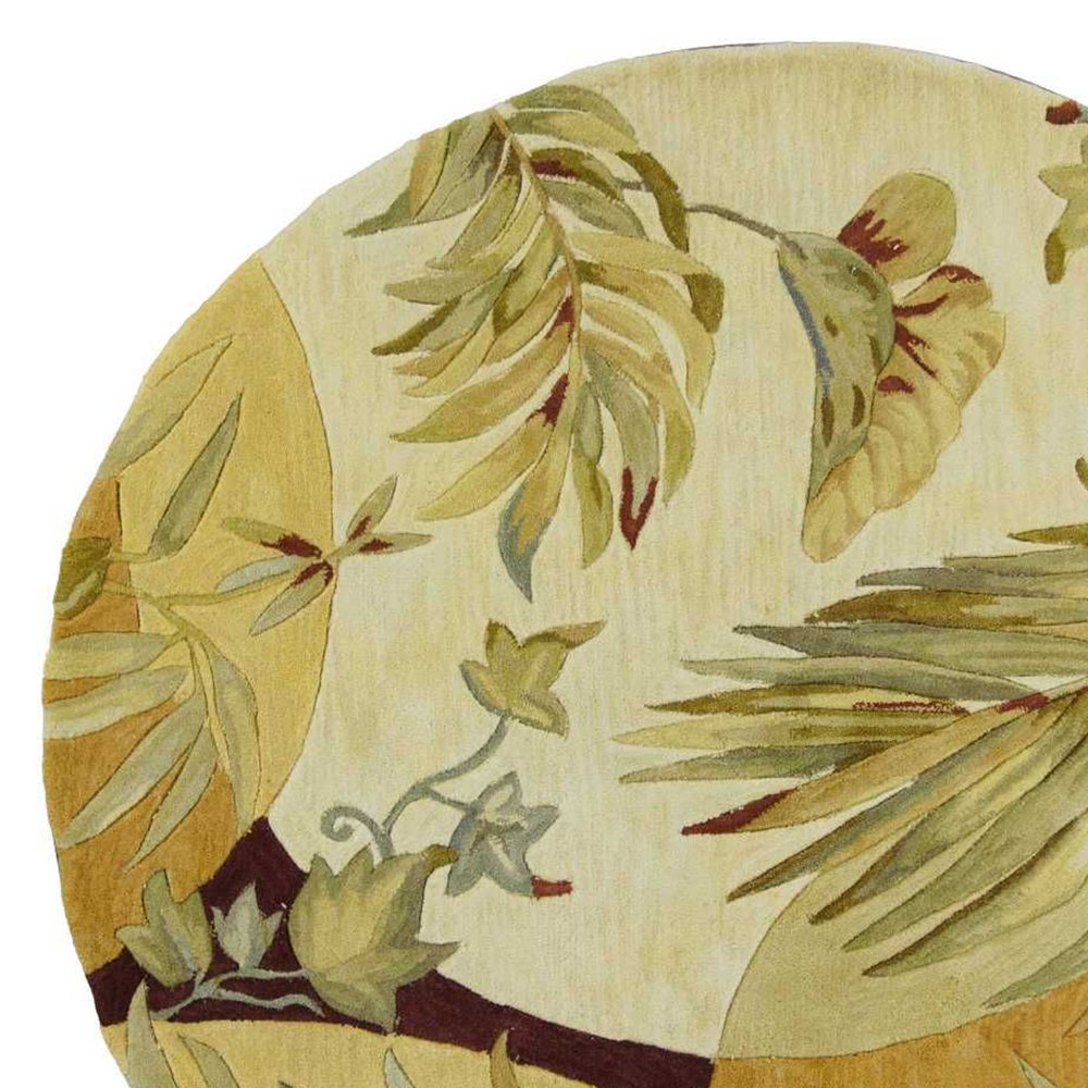 5' Coral Green And Ivory Wool Tropical Botanical Hand Tufted Round Rug