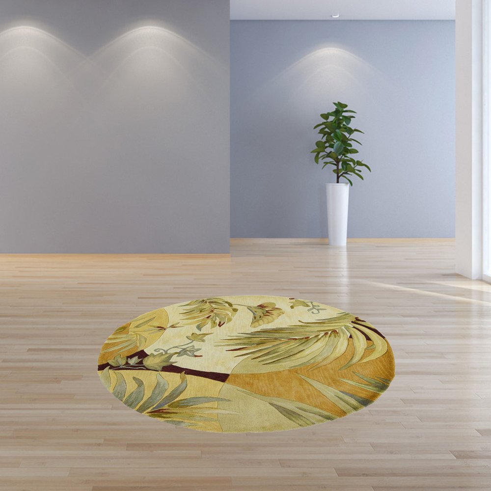 5' Coral Green And Ivory Wool Tropical Botanical Hand Tufted Round Rug