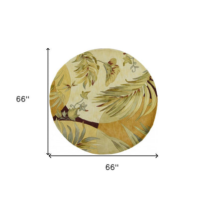 5' Coral Green And Ivory Wool Tropical Botanical Hand Tufted Round Rug