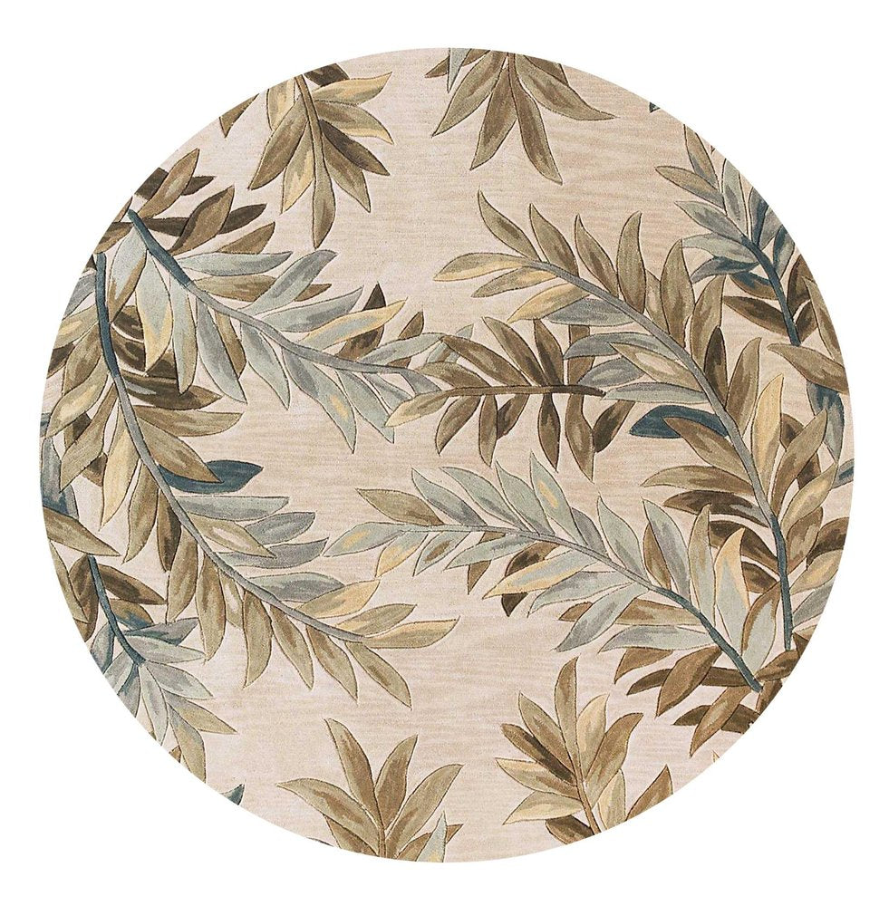 6' Ivory Brown And Blue Wool Botanical Leaves Hand Tufted Round Rug