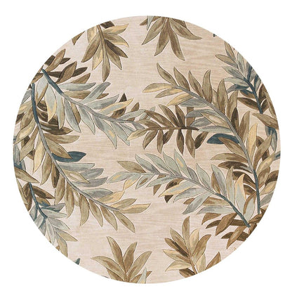 6' Ivory Brown And Blue Wool Botanical Leaves Hand Tufted Round Rug