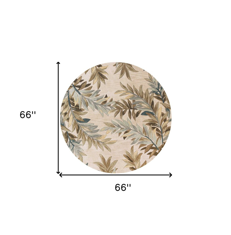 6' Ivory Brown And Blue Wool Botanical Leaves Hand Tufted Round Rug