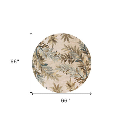 6' Ivory Brown And Blue Wool Botanical Leaves Hand Tufted Round Rug