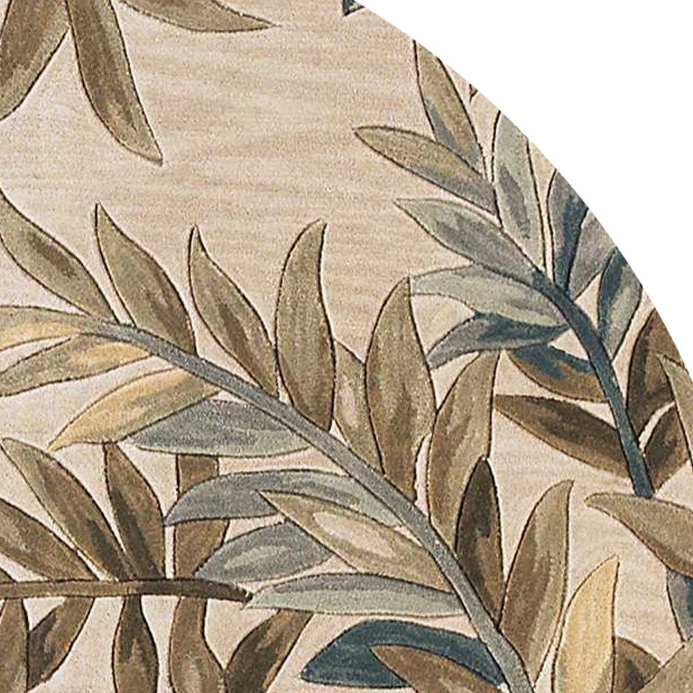 6' Ivory Brown And Blue Wool Botanical Leaves Hand Tufted Round Rug