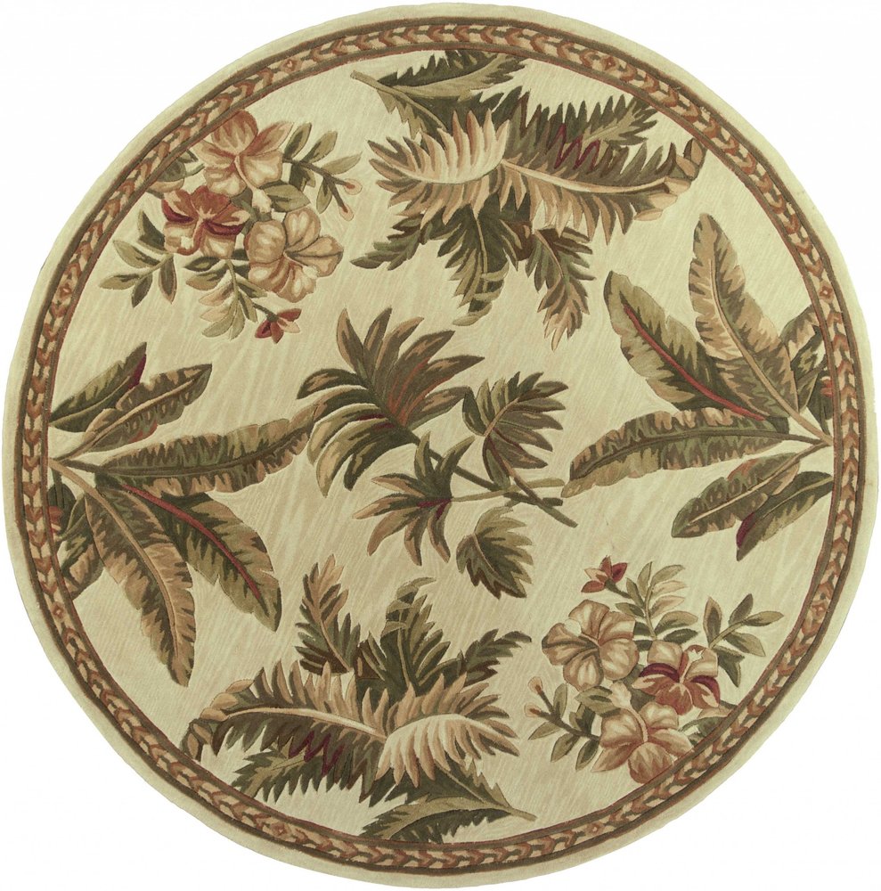 5' Ivory Green And Brown Wool Tropical Botanical Hand Tufted Round Rug