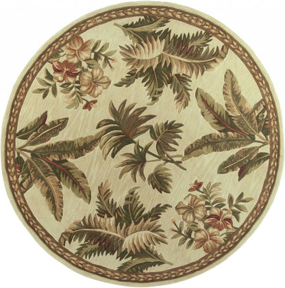 5' Ivory Green And Brown Wool Tropical Botanical Hand Tufted Round Rug