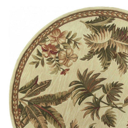 5' Ivory Green And Brown Wool Tropical Botanical Hand Tufted Round Rug