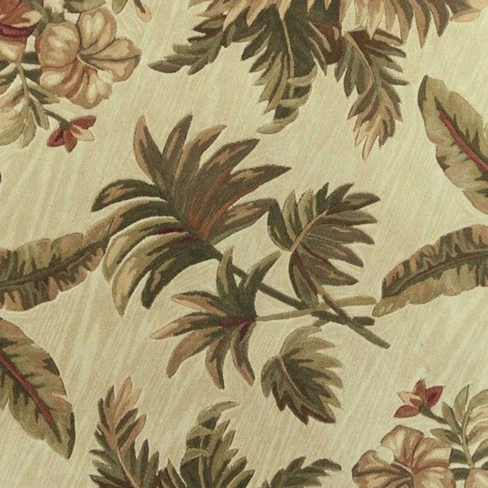 5' Ivory Green And Brown Wool Tropical Botanical Hand Tufted Round Rug