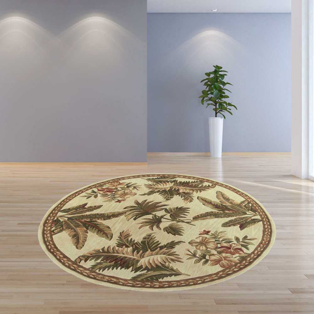 5' Ivory Green And Brown Wool Tropical Botanical Hand Tufted Round Rug