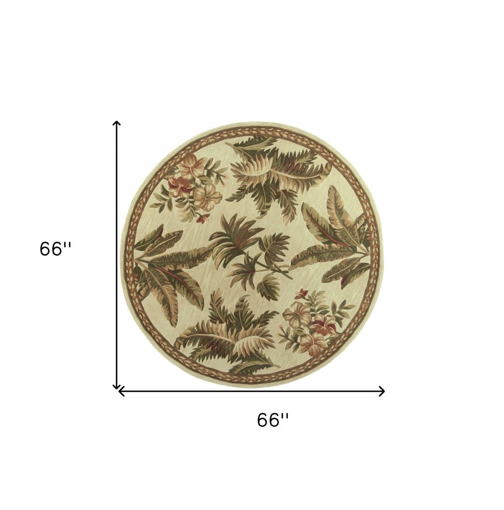 5' Ivory Green And Brown Wool Tropical Botanical Hand Tufted Round Rug