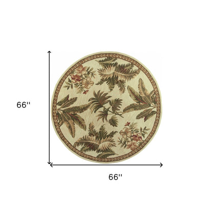5' Ivory Green And Brown Wool Tropical Botanical Hand Tufted Round Rug