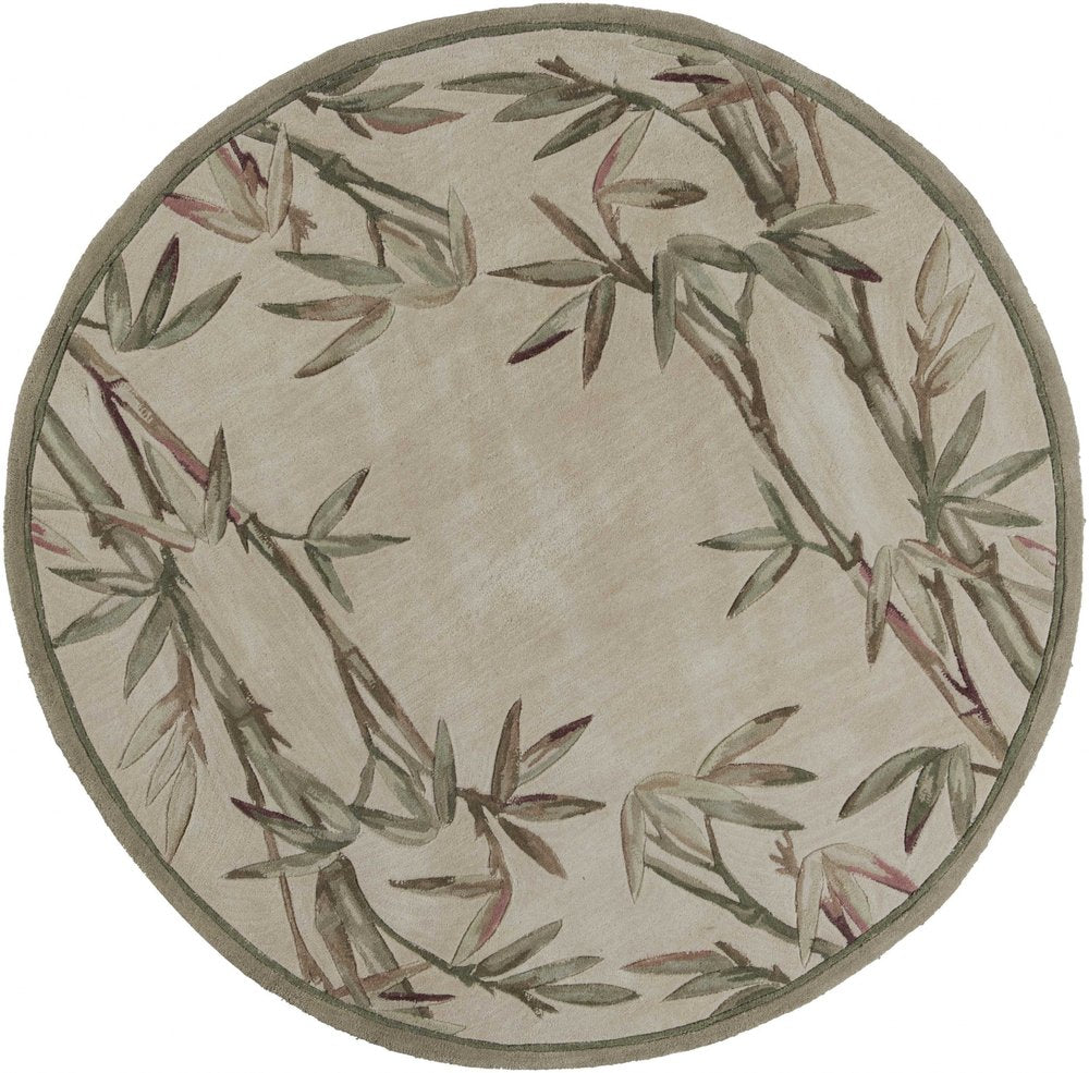 6' Ivory Green And Brown Wool Botanical Leaves Hand Tufted Round Rug