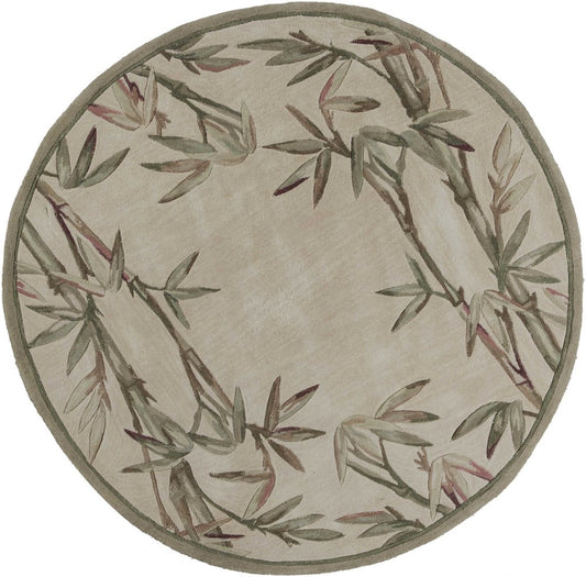 6' Ivory Green And Brown Wool Botanical Leaves Hand Tufted Round Rug