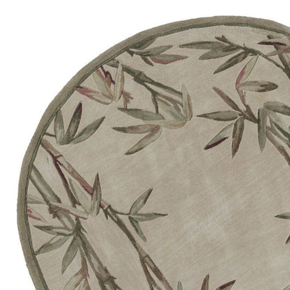 6' Ivory Green And Brown Wool Botanical Leaves Hand Tufted Round Rug