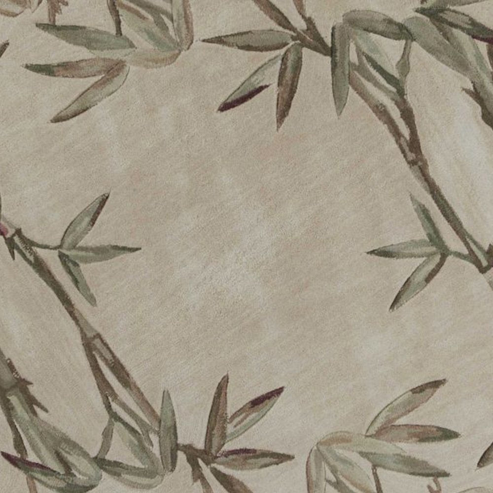 6' Ivory Green And Brown Wool Botanical Leaves Hand Tufted Round Rug