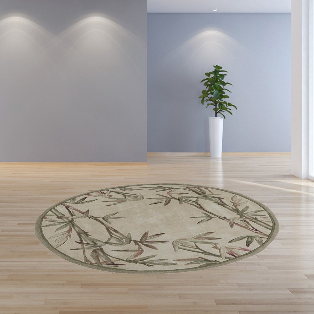 6' Ivory Green And Brown Wool Botanical Leaves Hand Tufted Round Rug