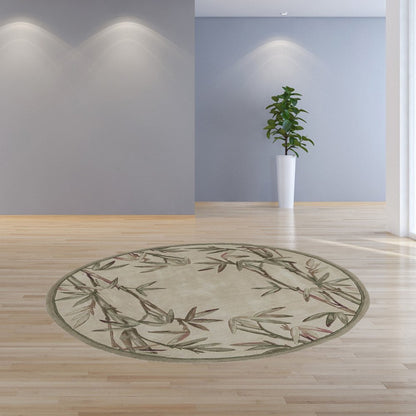 6' Ivory Green And Brown Wool Botanical Leaves Hand Tufted Round Rug