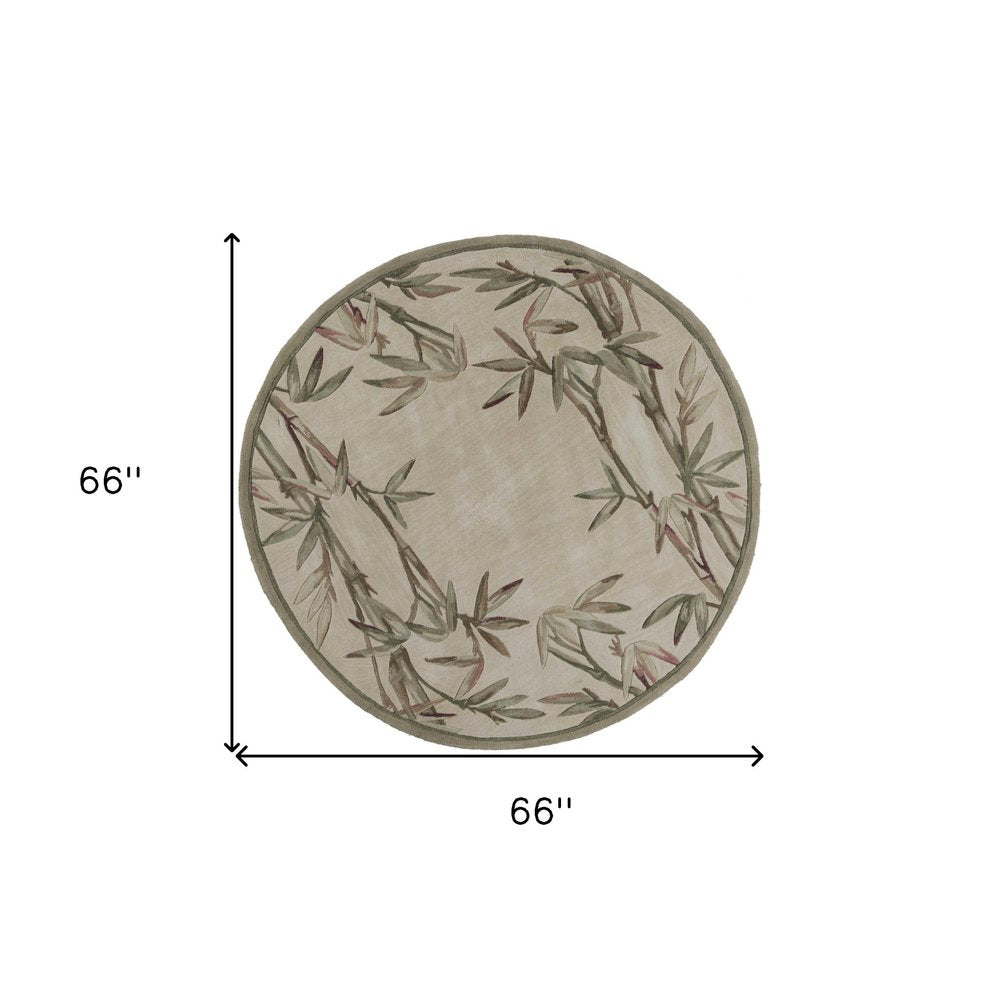 6' Ivory Green And Brown Wool Botanical Leaves Hand Tufted Round Rug
