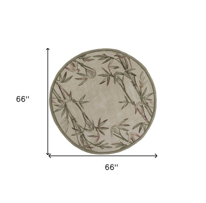 6' Ivory Green And Brown Wool Botanical Leaves Hand Tufted Round Rug