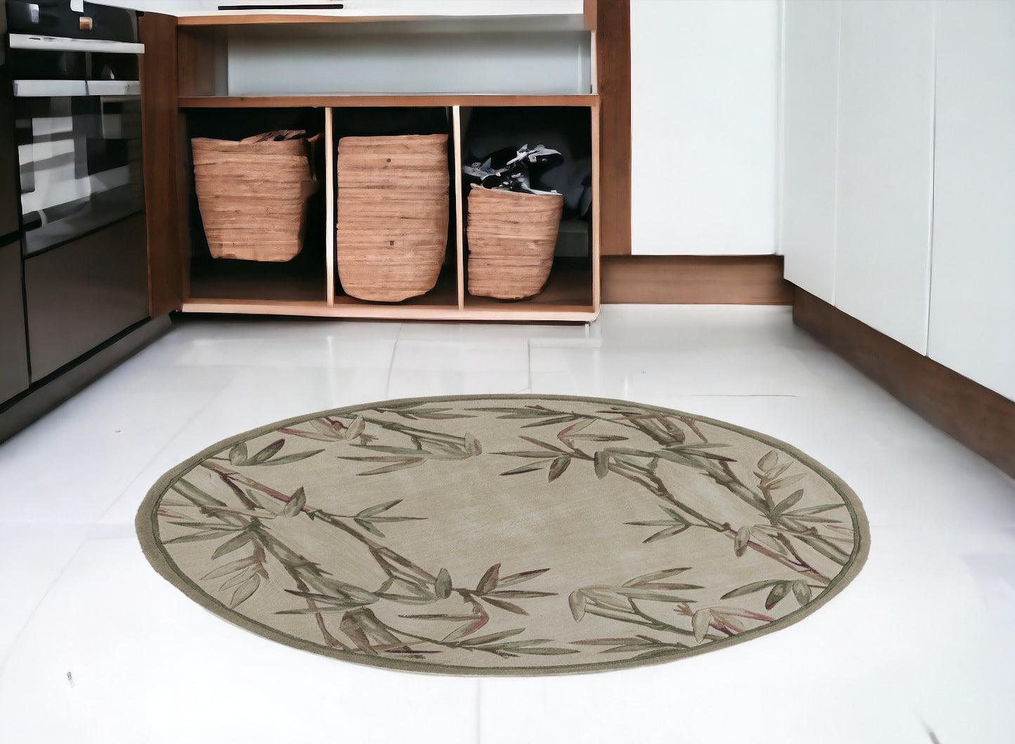 6' Ivory Hand Tufted Tropical Bamboo Round Indoor Area Rug