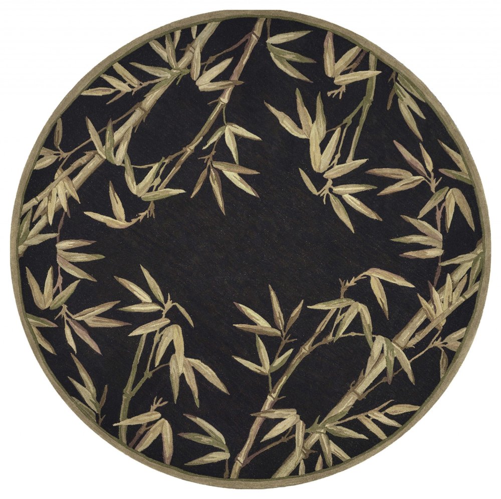 5' Black Green And Brown Wool Tropical Botanical Hand Tufted Round Rug