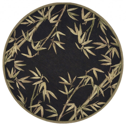 5' Black Green And Brown Wool Tropical Botanical Hand Tufted Round Rug