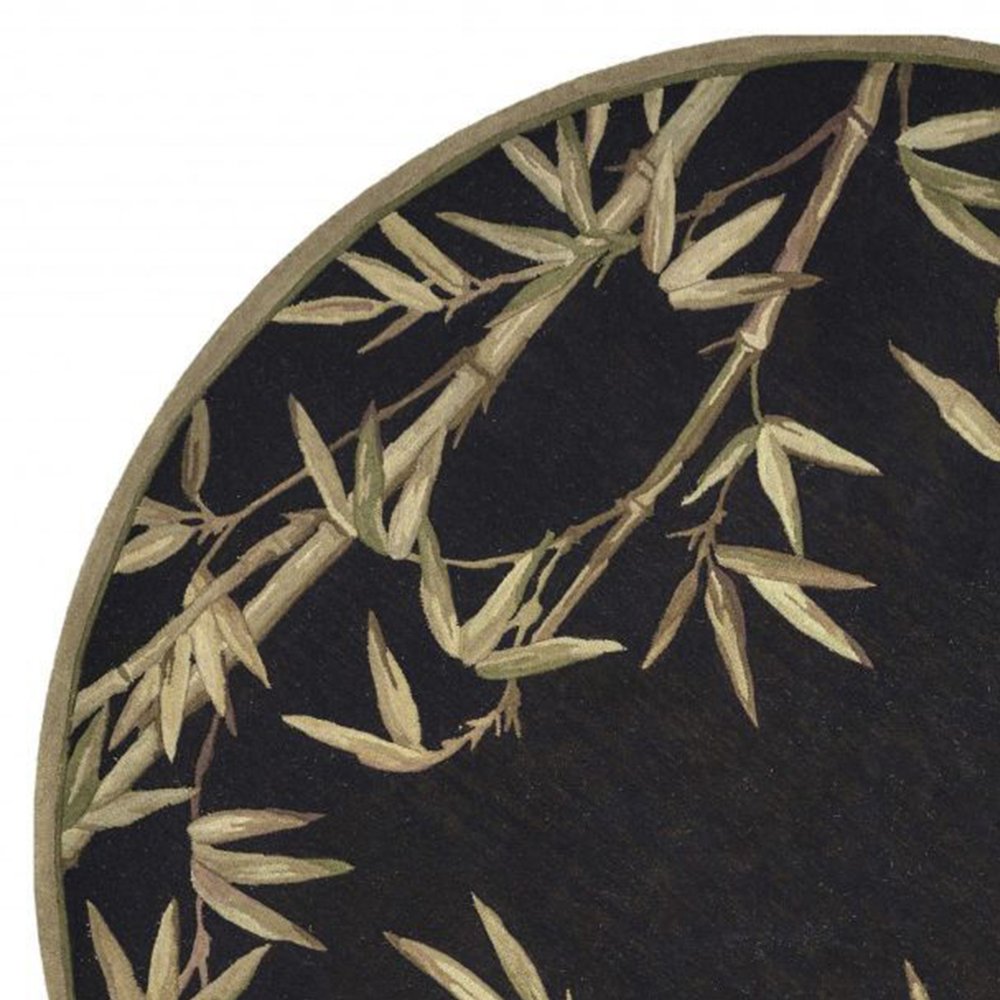 5' Black Green And Brown Wool Tropical Botanical Hand Tufted Round Rug