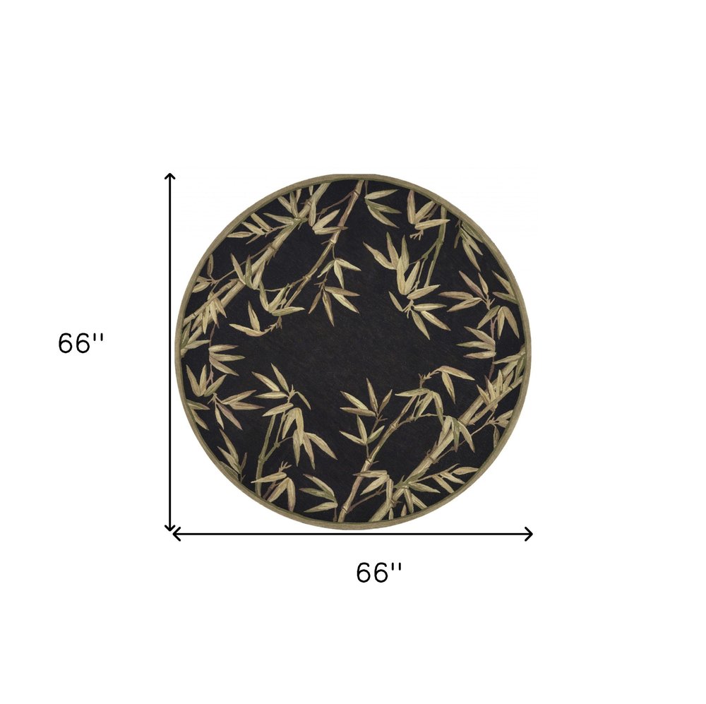 5' Black Green And Brown Wool Tropical Botanical Hand Tufted Round Rug