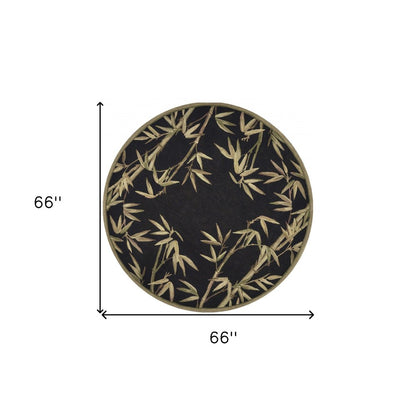 5' Black Green And Brown Wool Tropical Botanical Hand Tufted Round Rug