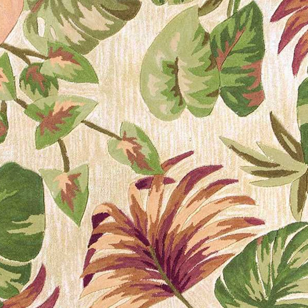 6' Beige Green And Pink Wool Botanical Leaves Hand Tufted Round Rug