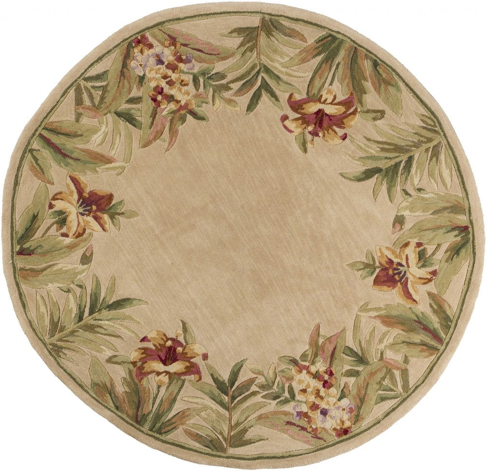 5' Beige Red And Green Wool Tropical Floral Hand Tufted Round Rug