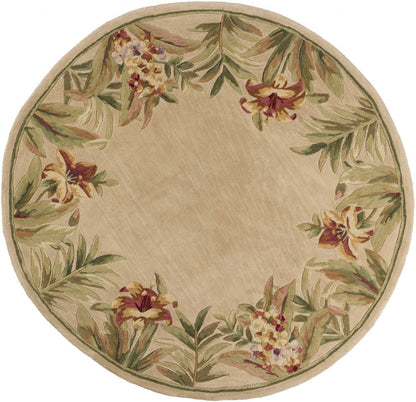 5' Beige Red And Green Wool Tropical Floral Hand Tufted Round Rug