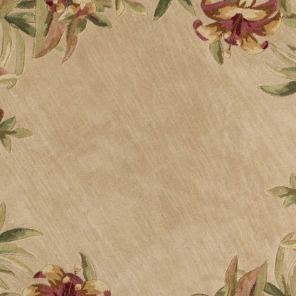 5' Beige Red And Green Wool Tropical Floral Hand Tufted Round Rug