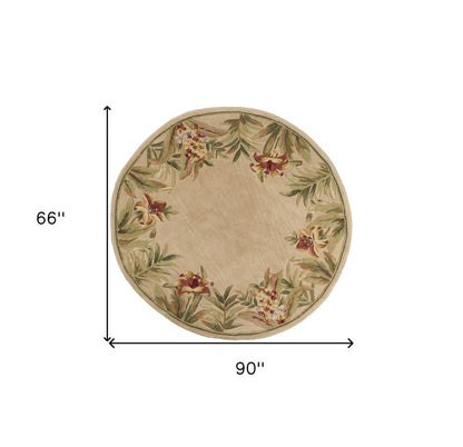 5' Beige Red And Green Wool Tropical Floral Hand Tufted Round Rug
