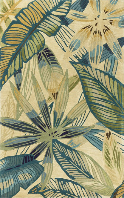 5' Ivory Teal And Green Wool Tropical Botanical Hand Tufted Round Rug