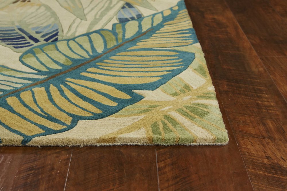 5' Ivory Teal And Green Wool Tropical Botanical Hand Tufted Round Rug