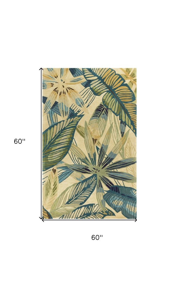 5' Ivory Teal And Green Wool Tropical Botanical Hand Tufted Round Rug