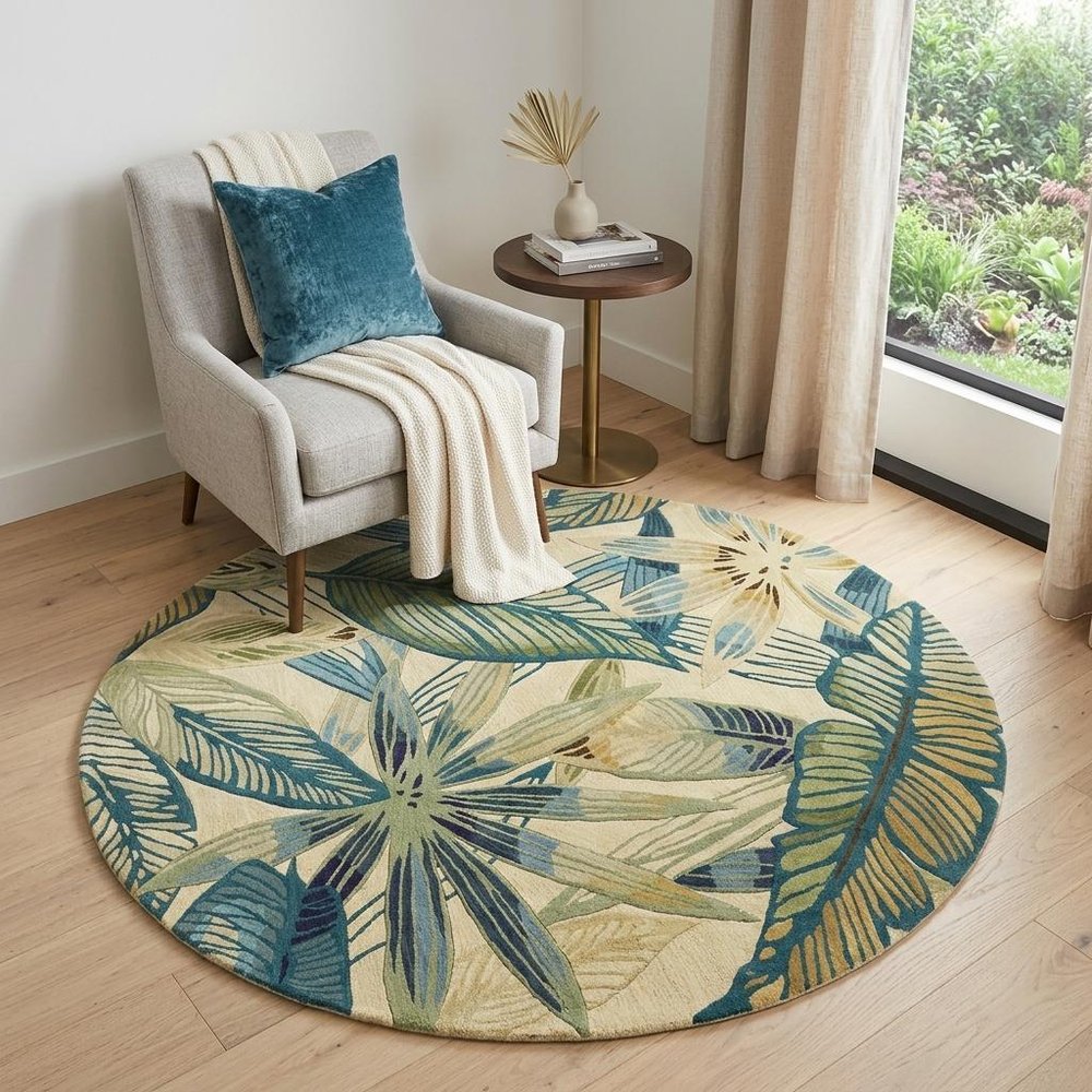 5' Ivory Teal And Green Wool Tropical Botanical Hand Tufted Round Rug