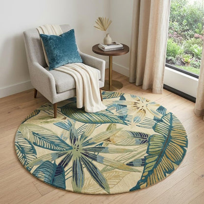 5' Ivory Teal And Green Wool Tropical Botanical Hand Tufted Round Rug