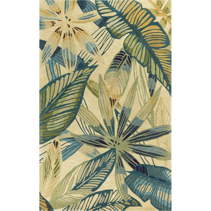 5' Ivory Teal And Green Wool Tropical Botanical Hand Tufted Round Rug