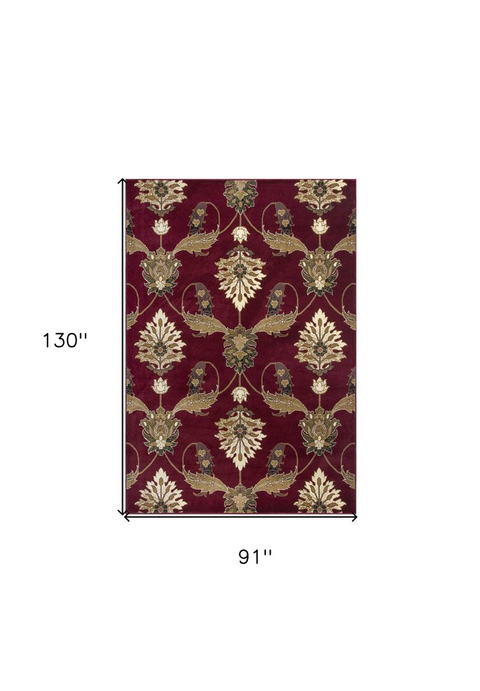 8' Red Beige And Brown Floral Vines Runner Rug