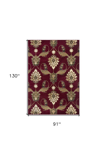 8' Red Beige And Brown Floral Vines Runner Rug