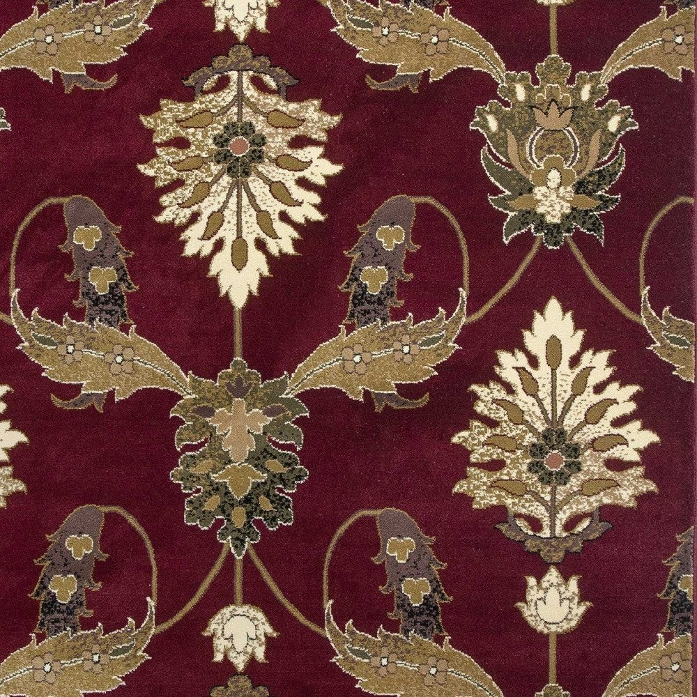 8' Red Beige And Brown Floral Vines Runner Rug