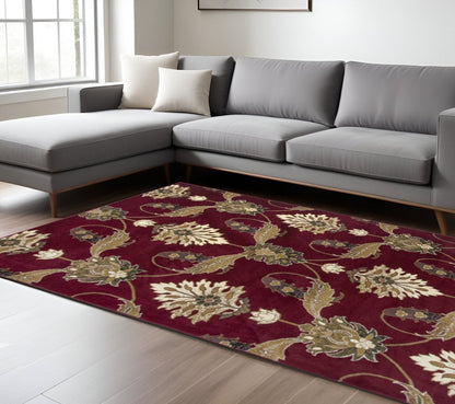 8' Red Beige And Brown Floral Vines Runner Rug