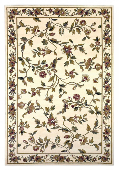 8' X 11' Ivory Green And Red Floral Vines Area Rug