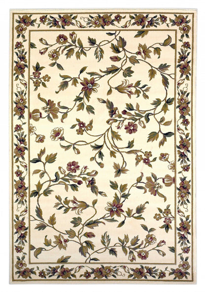 8' Ivory Green and Red Floral Vines Runner Rug