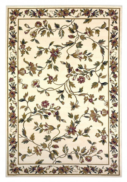 8' X 11' Ivory Green And Red Floral Vines Area Rug