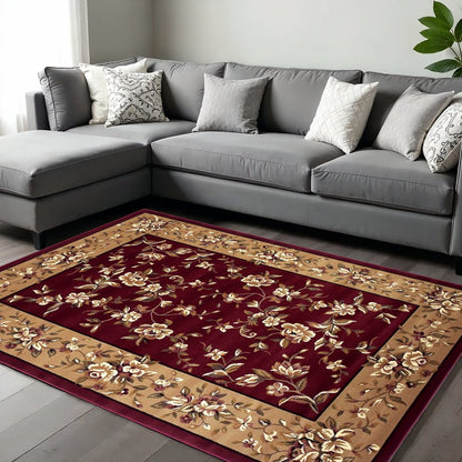 8' X 11' Red And Beige Floral Vines Area Rug